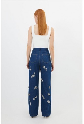 Embellished Mid Rise Straight Leg Denim Jeans