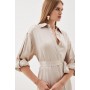 Premium Viscose Satin Long Sleeve Belted Shirt Midaxi Dress