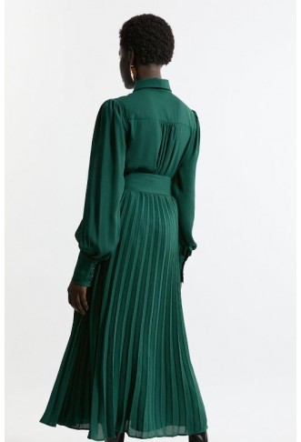 Pleated Woven Midaxi Shirt Dress With Belt