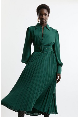 Pleated Woven Midaxi Shirt Dress With Belt