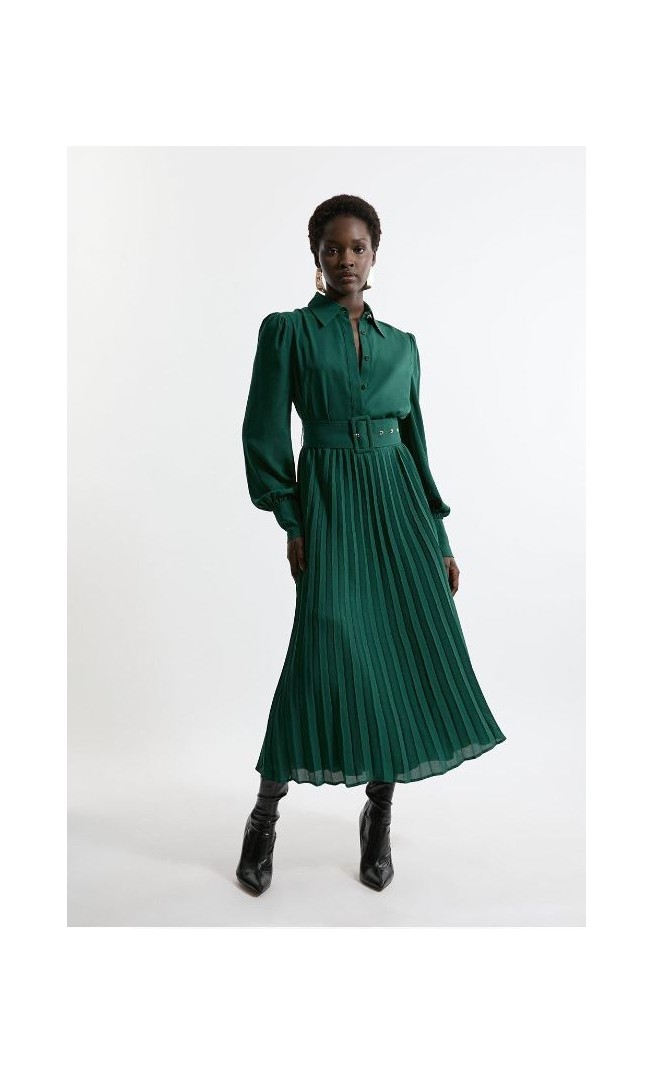 Pleated Woven Midaxi Shirt Dress With Belt