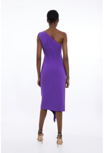 Compact Viscose Tailored One Shoulder Drape Front Pencil Dress