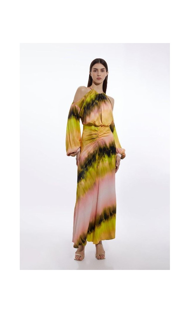 Viscose Satin Ombre Cold Shoulder Maxi Dress