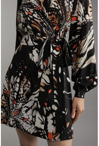 Butterfly Print Viscose Crepe Woven Wrap Mini Dress