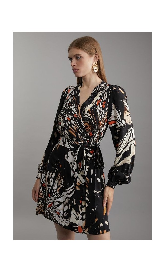 Butterfly Print Viscose Crepe Woven Wrap Mini Dress