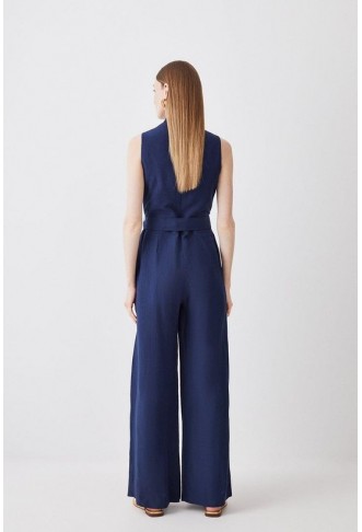 Linen Notch Neck Belted Jumpsuit