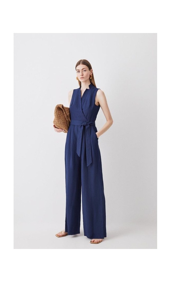 Linen Notch Neck Belted Jumpsuit