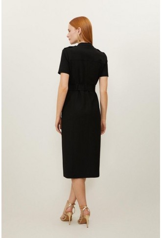 Compact Stretch Wrap Belted Tailored Midi Dress