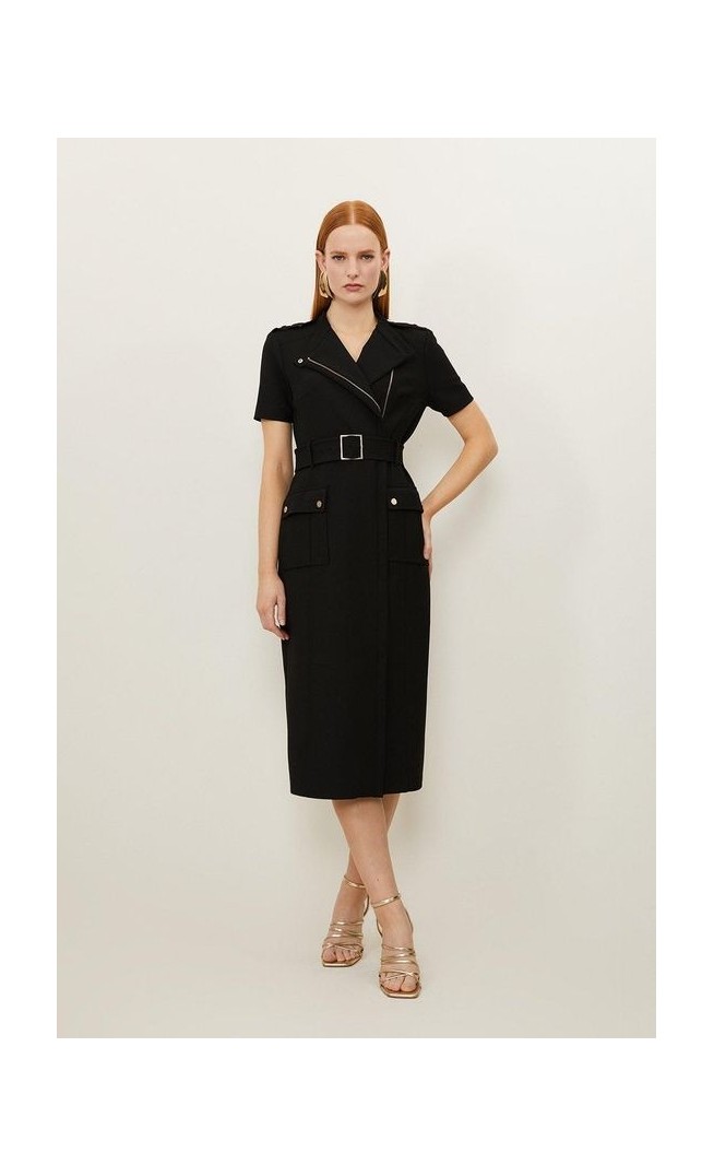 Compact Stretch Wrap Belted Tailored Midi Dress