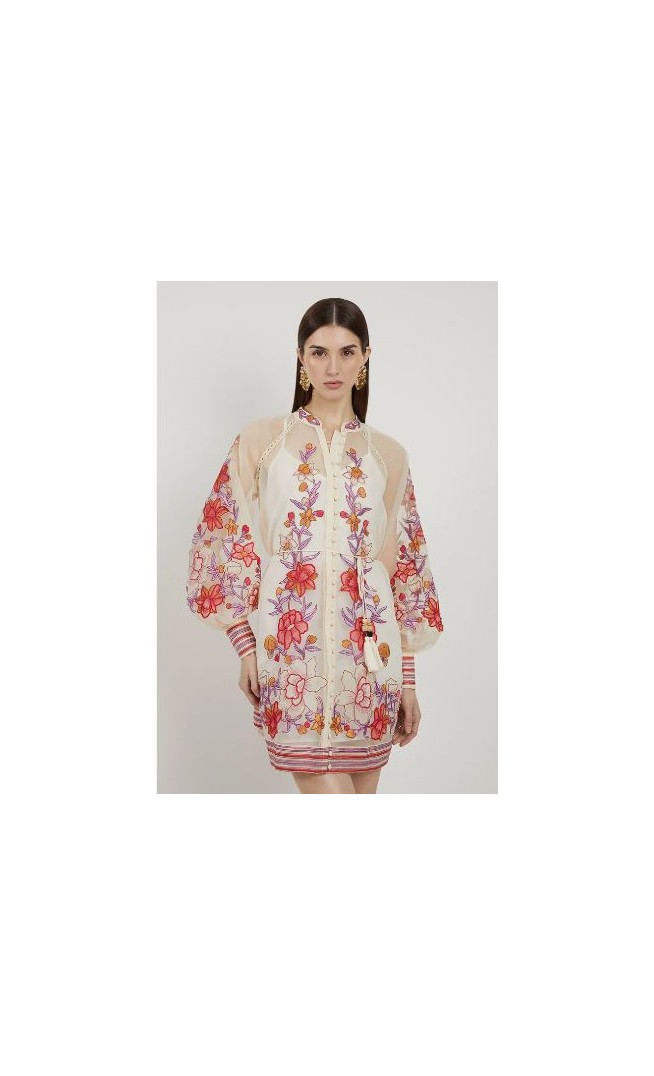 Petite Floral Embroidery Organdie Woven Midi Dress