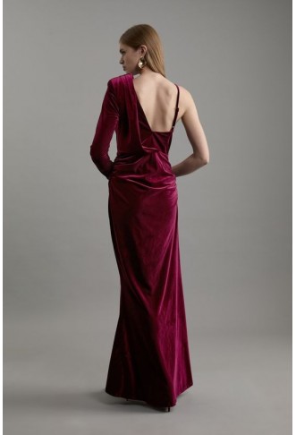 Velvet Asymmetric One Shoulder Tailored Maxi Dress