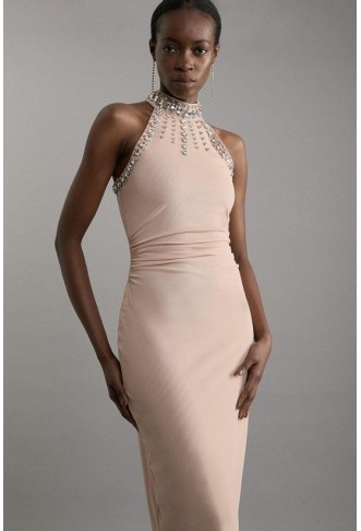 Crystal Embellished Power Mesh Jersey Midi Dress