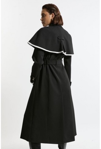 Tailored Contrast Tip Detail Cape Trench Midi Coat