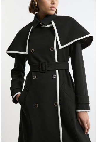 Tailored Contrast Tip Detail Cape Trench Midi Coat