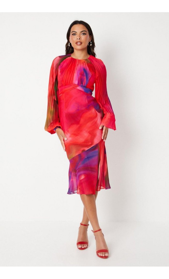 Printed Pleated Sleeve Midaxi Dress