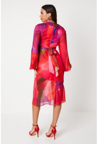 Printed Pleated Sleeve Midaxi Dress