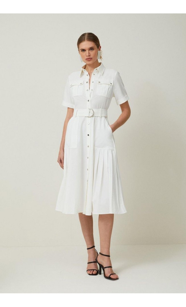 Utility Pocket Belted Short Sleeve Midi Dress