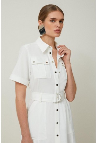 Utility Pocket Belted Short Sleeve Midi Dress