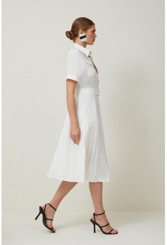 Utility Pocket Belted Short Sleeve Midi Dress