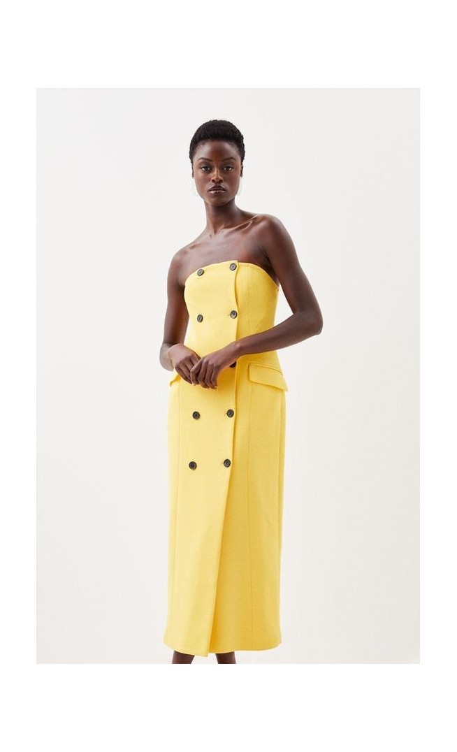 Compact Stretch Tailored Bandeau Double Breasted Midi Dress
