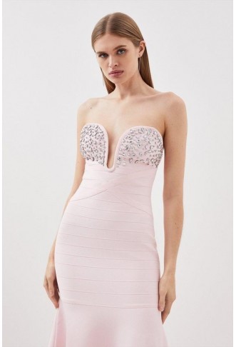 Figure Form Bandage Embellished Fishtail Knit Maxi Dress