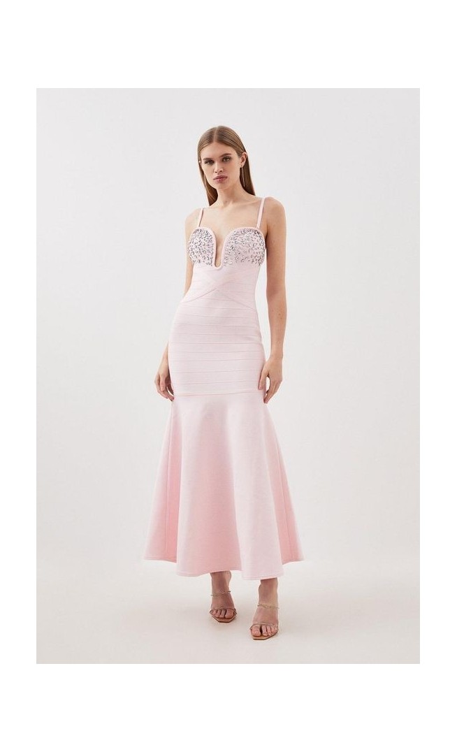 Figure Form Bandage Embellished Fishtail Knit Maxi Dress