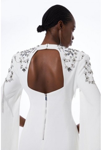 Crystal Embellished Cady Woven Cape Maxi Dress