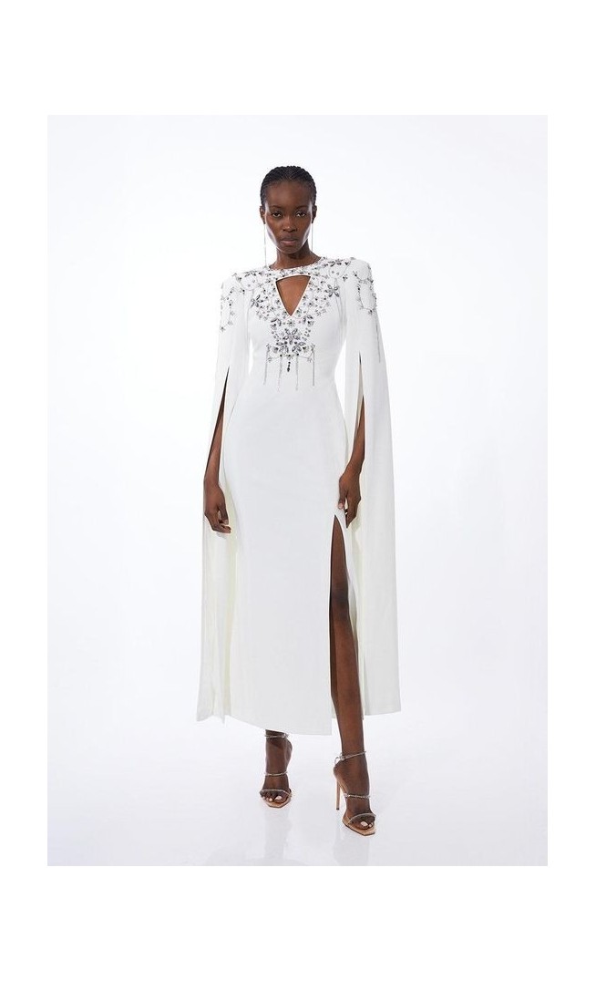 Crystal Embellished Cady Woven Cape Maxi Dress