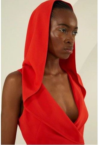 Compact Stretch Viscose Tailored Hooded Wrap Detail Midaxi Dress