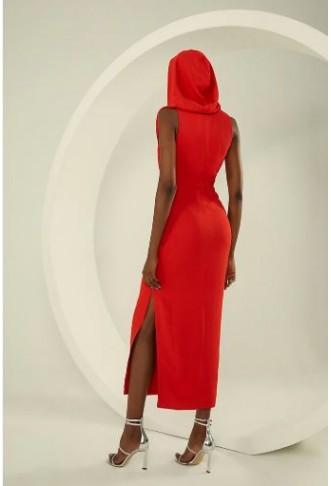 Compact Stretch Viscose Tailored Hooded Wrap Detail Midaxi Dress