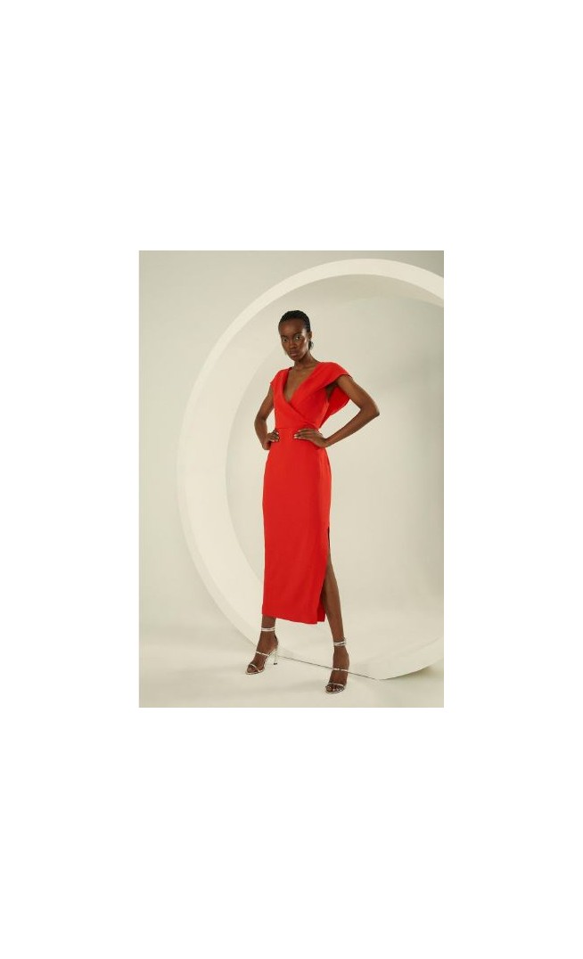 Compact Stretch Viscose Tailored Hooded Wrap Detail Midaxi Dress