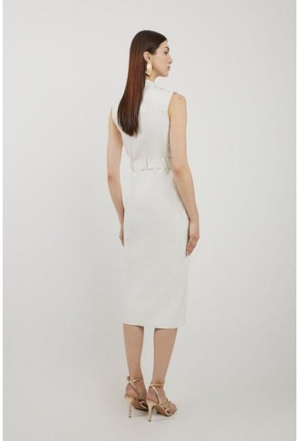 Petite Tailored Denim Cargo Pocket Belted Midi Shirt Dress
