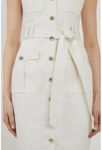 Petite Tailored Denim Cargo Pocket Belted Midi Shirt Dress