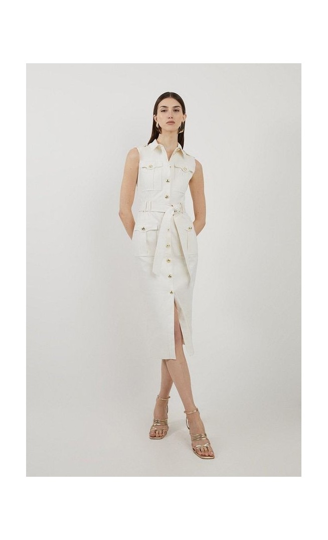 Petite Tailored Denim Cargo Pocket Belted Midi Shirt Dress