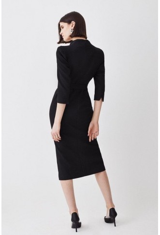 Structured Crepe Square Neck Split Front Midi Dress