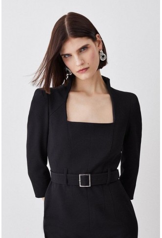 Structured Crepe Square Neck Split Front Midi Dress