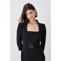 Structured Crepe Square Neck Split Front Midi Dress