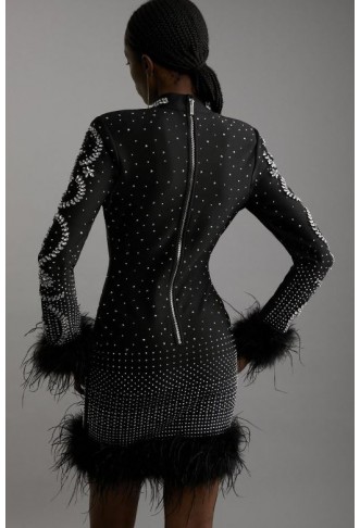 Feather Embellished Mini Dress Figure Form Bandage Knit