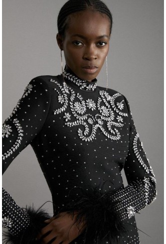 Feather Embellished Mini Dress Figure Form Bandage Knit