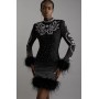 Feather Embellished Mini Dress Figure Form Bandage Knit