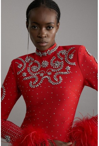 Feather Embellished Mini Dress Figure Form Bandage Knit