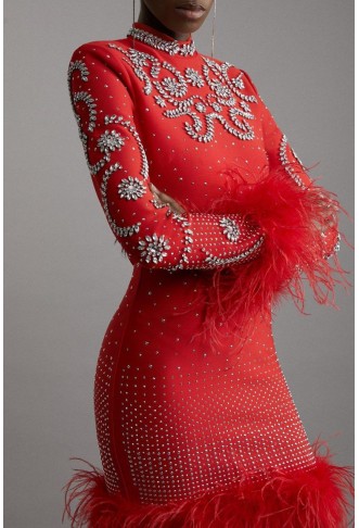 Feather Embellished Mini Dress Figure Form Bandage Knit