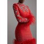 Feather Embellished Mini Dress Figure Form Bandage Knit