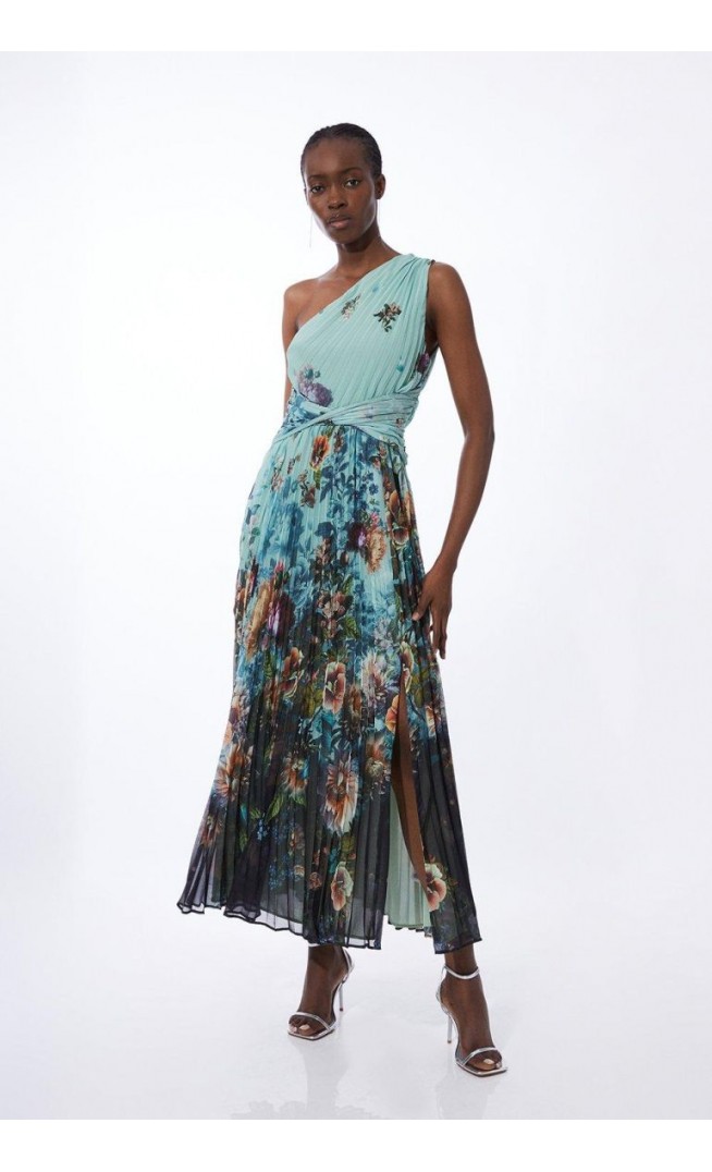 Black Tall Floral Chiffon A-Line Maxi Dress with One Shoulder
