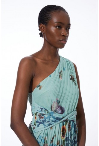 Black Tall Floral Chiffon A-Line Maxi Dress with One Shoulder