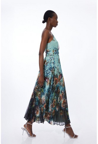 Black Tall Floral Chiffon A-Line Maxi Dress with One Shoulder
