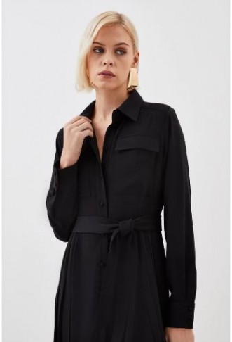 Soft Tailored Pleated Pocket Detail Midi Shirt Dress