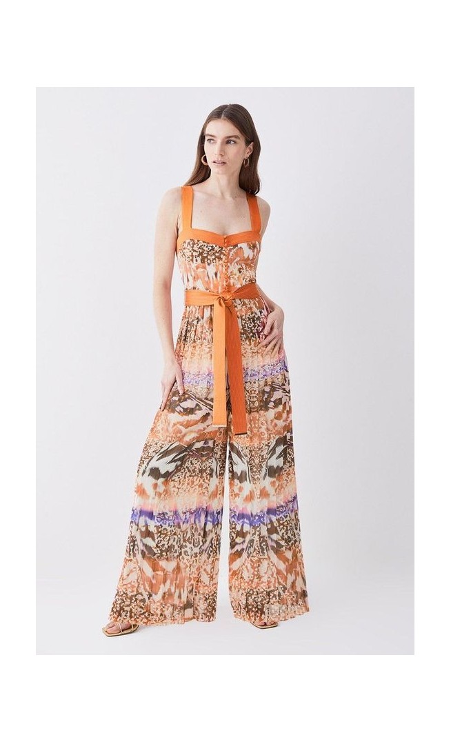 Top Stitch Mixed Animal Woven Jumpsuit