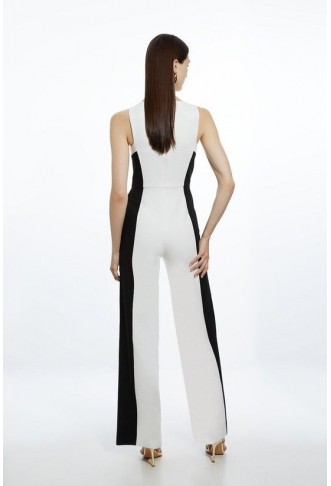 Compact Stretch Colour Block Panelled Tailored Wide Leg Jumpsuit