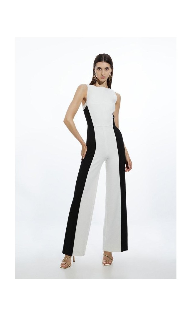 Compact Stretch Colour Block Panelled Tailored Wide Leg Jumpsuit